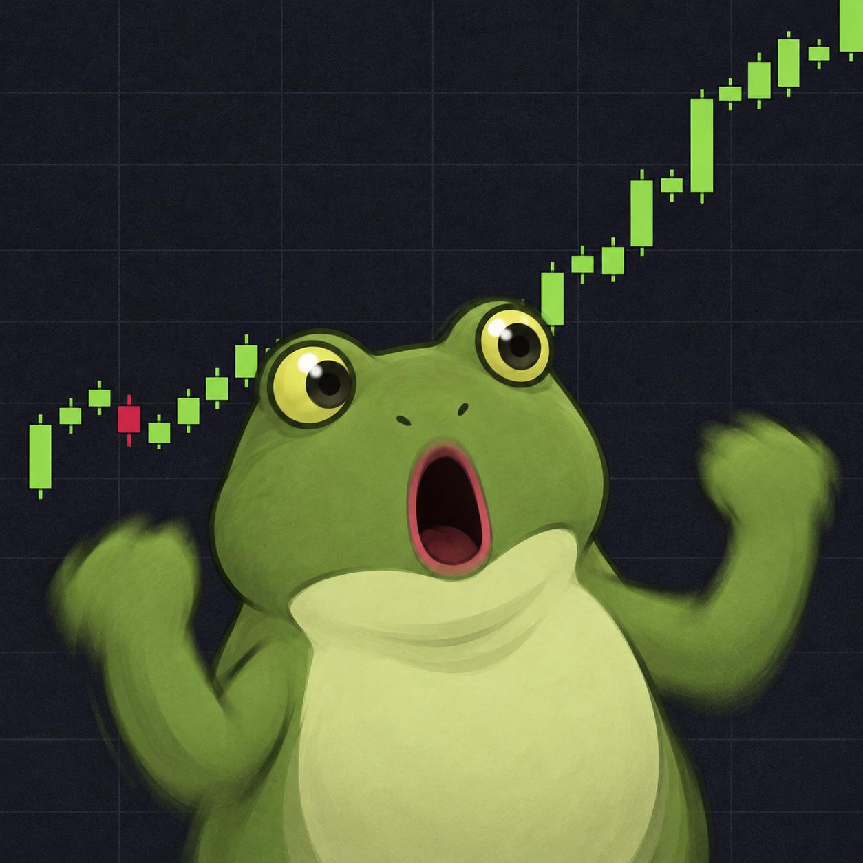 Froge shocked in front of a green candlestick chart