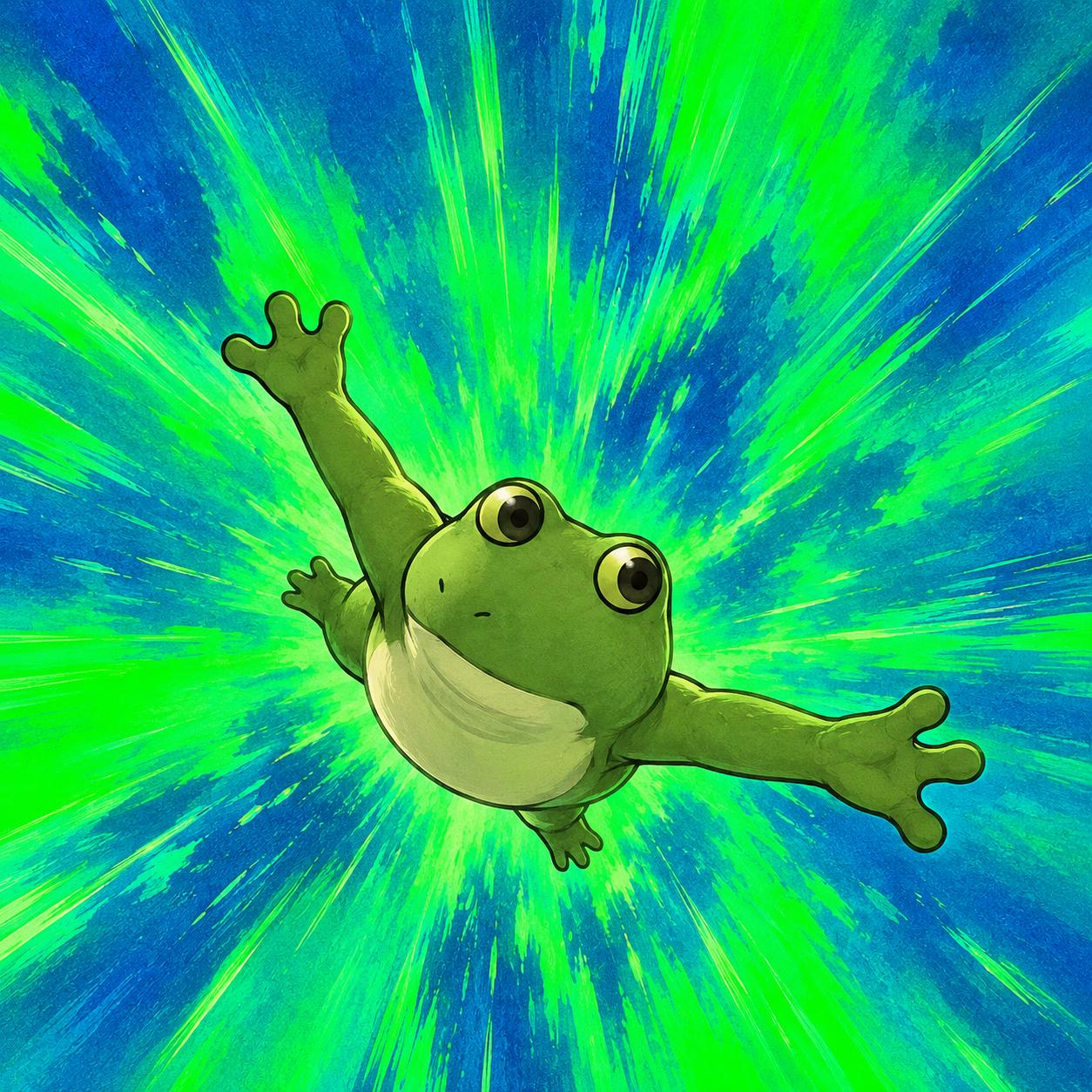 Froge leaping through a green and blue light burst