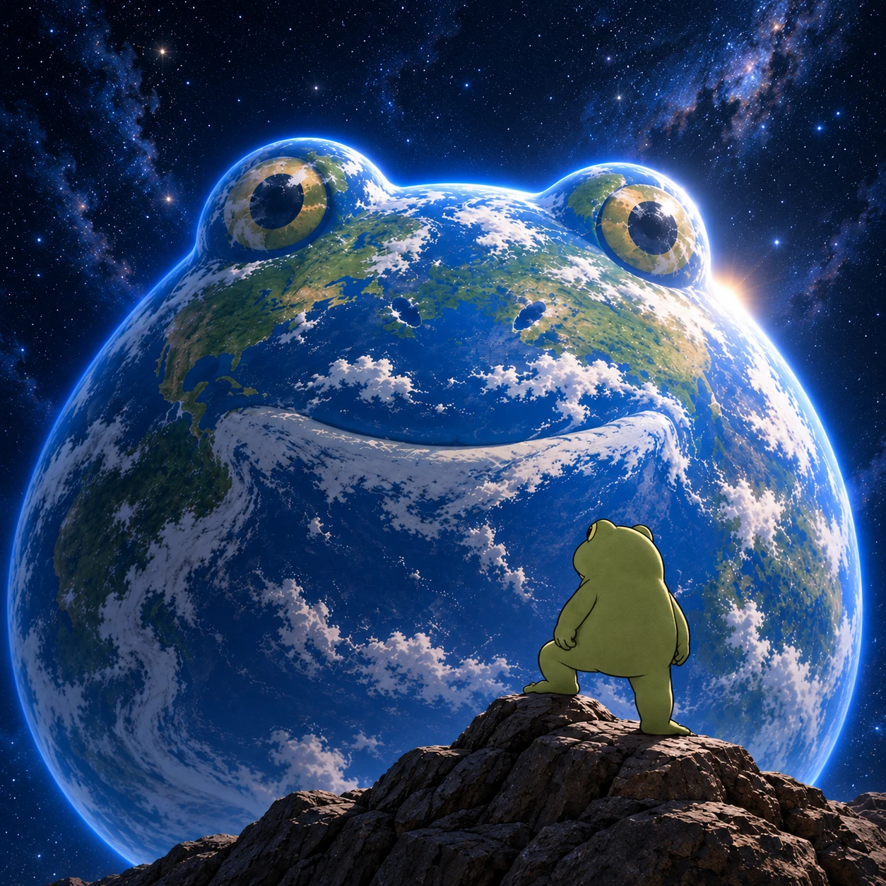 Froge standing on a rock, looking up at a planet shaped like a giant smiling frog