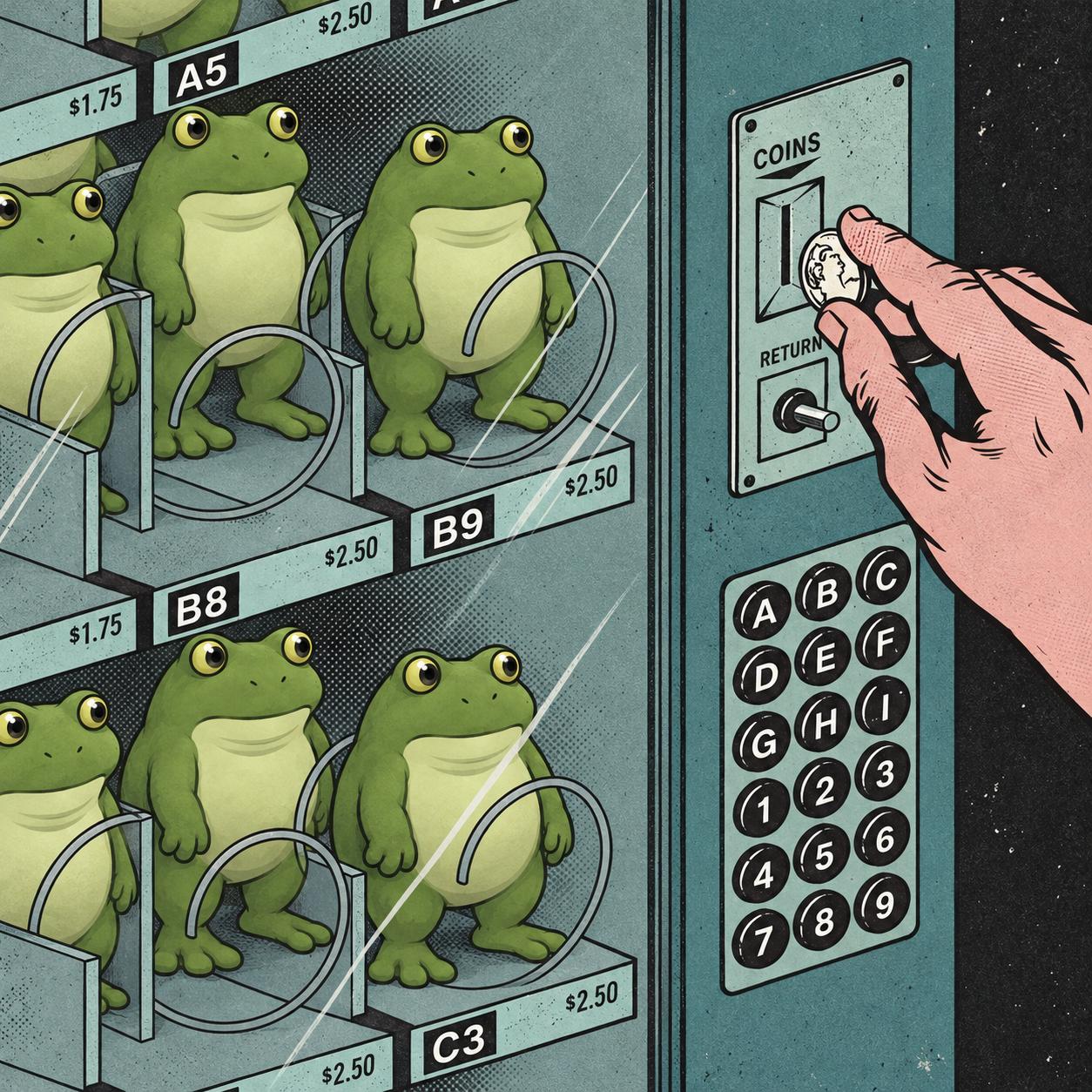 A hand inserting a coin into a vending machine full of froges