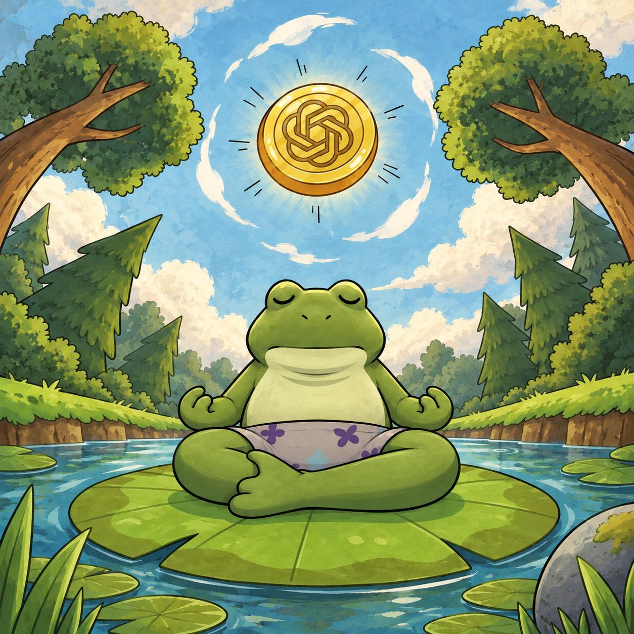Froge meditating on a lily pad under a golden coin